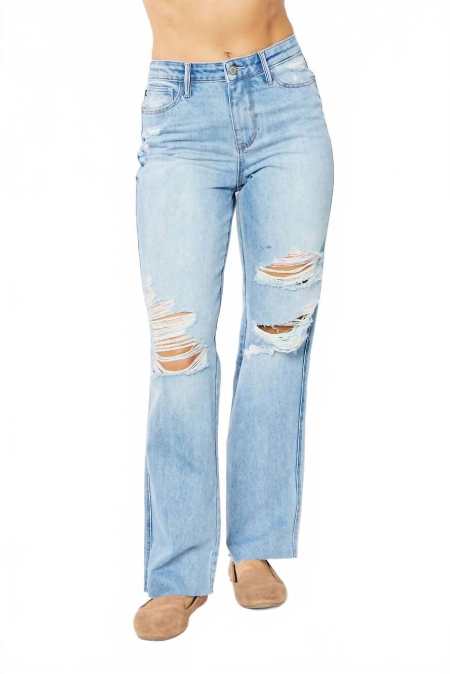 NEW JUDY BLUE high waisted rigid magic 90's destroy straight jeans in medium blu